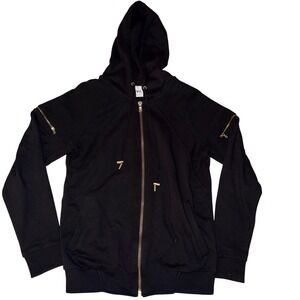 ZARA Black Full Zip Hoodie Ribbed Sleeve Gold Zipper Cotton Womens Size S